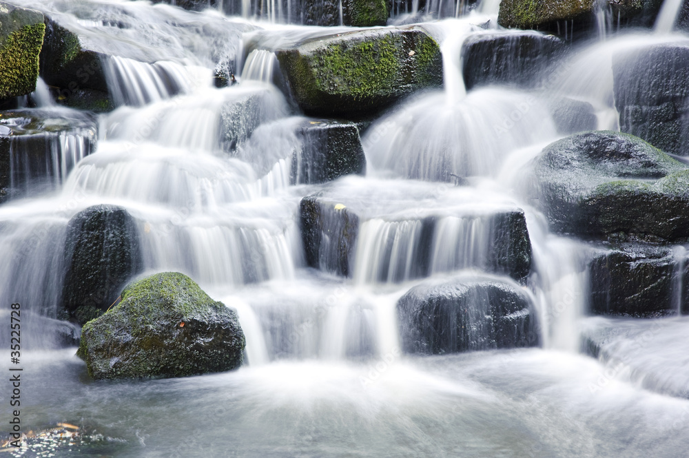 Beautiful waterfall cascades over rocks in lush forest landscape