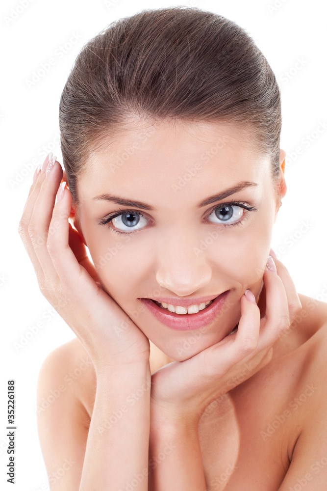 happy woman holding her face in hand happy woman holding her face in hand