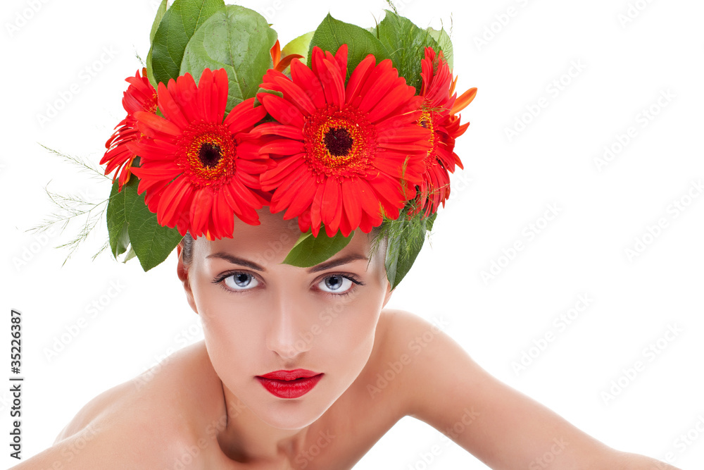 woman wearing a gerbera wreath