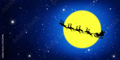 Fototapeta Naklejka Na Ścianę i Meble -  Santa Claus On Sledge With Deer And yellow Moon