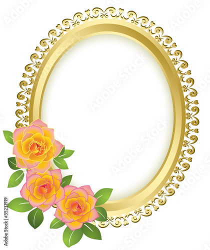 golden oval frame with flowers - vector