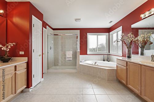 Master bath with red walls