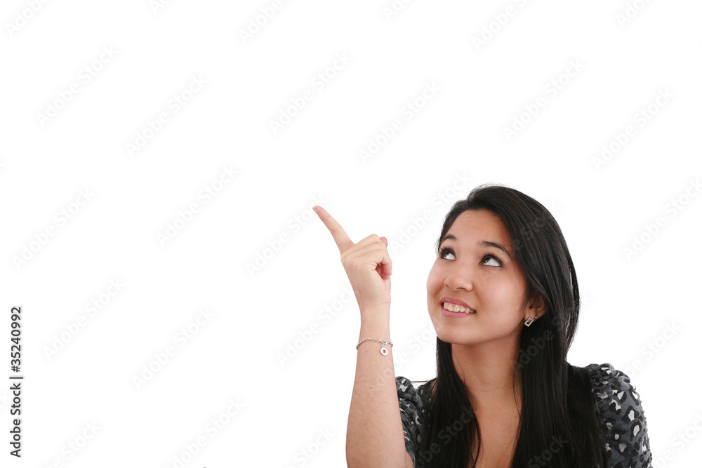 happy smiling young business woman showing blank area for sign o happy smiling young business woman showing blank area for sign o