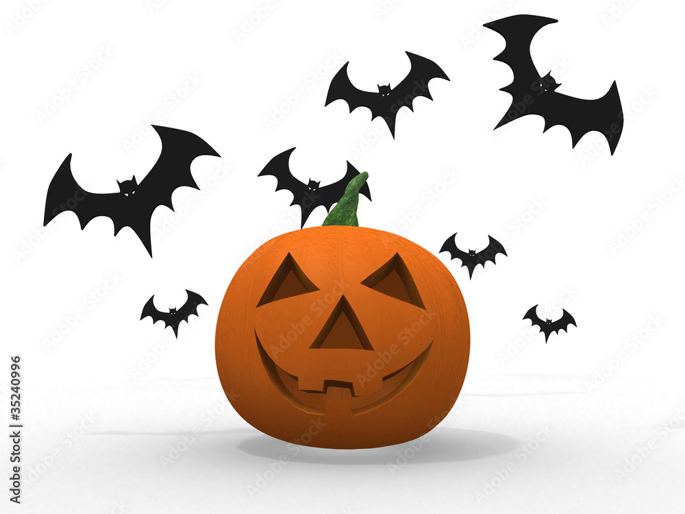 halloween pumpkin and bats isolated on white