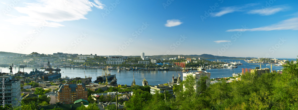Panoramma. Morning in a seaport. Vladivostok. Russia.