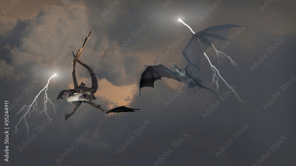 Fototapeta premium Dragons Fighting in Storm Clouds
