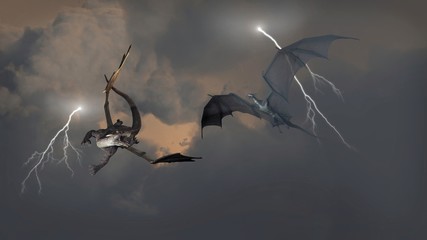 Fotobehang Draken Vechtende draken in stormwolken  © Algol