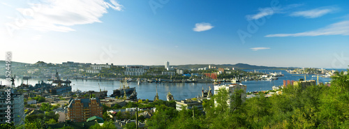 Panoramma. Morning in a seaport. Vladivostok. Russia.