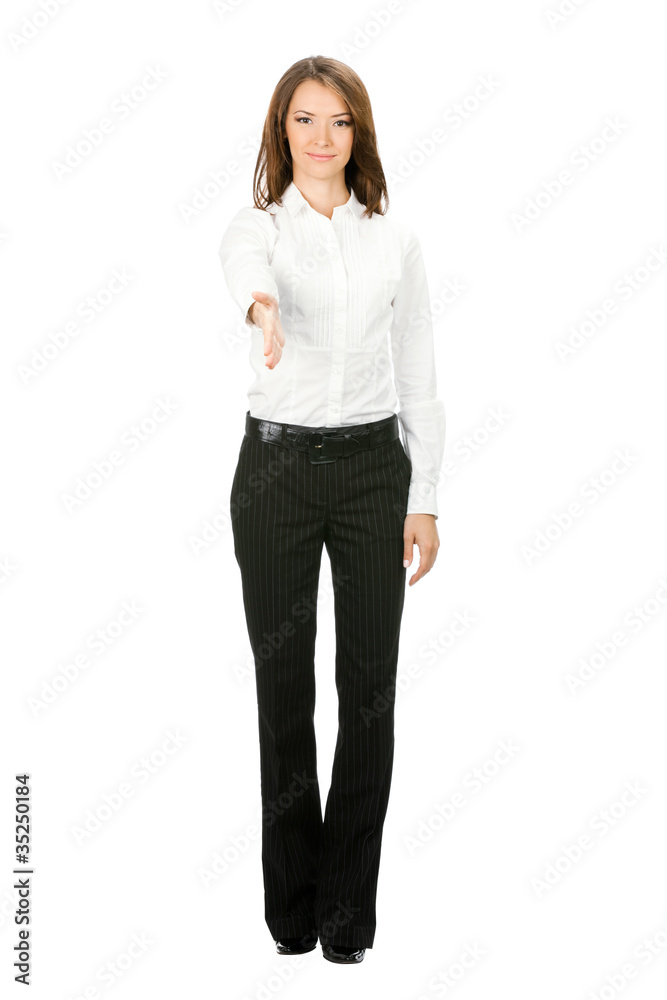 Full body business woman giving hand for handshake Full body business woman giving hand for handshake