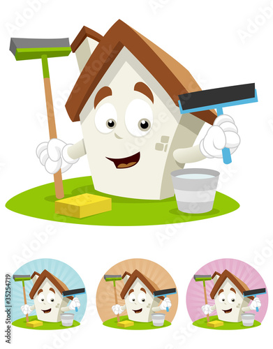 House Cartoon Mascot - holding cleaning tools