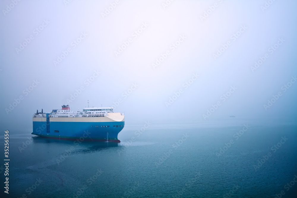 Cruise stops in the sea in a foggy day