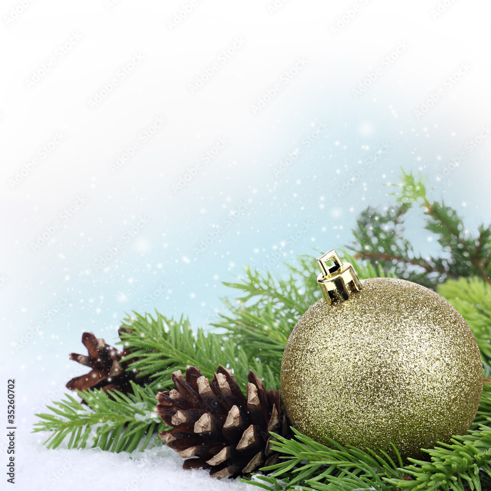 Christmas border with baubles, fir tree branches and pine cones - obrazy, fototapety, plakaty 