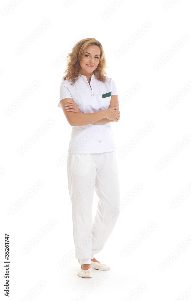 Young attractive female doctor isolated over white background Young attractive female doctor isolated over white background