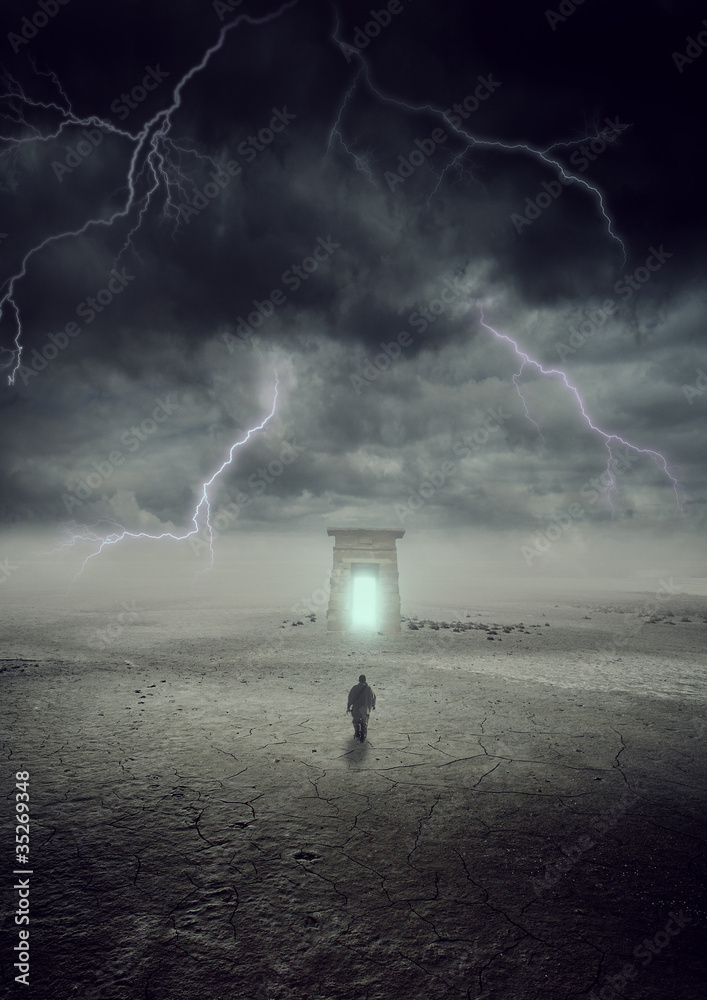 a man going to a gate in thunder storm