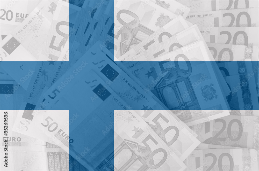flag of Finland with transparent euro banknotes in background