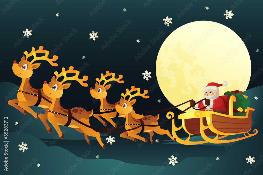 Naklejka premium Santa riding sleigh with reindeers