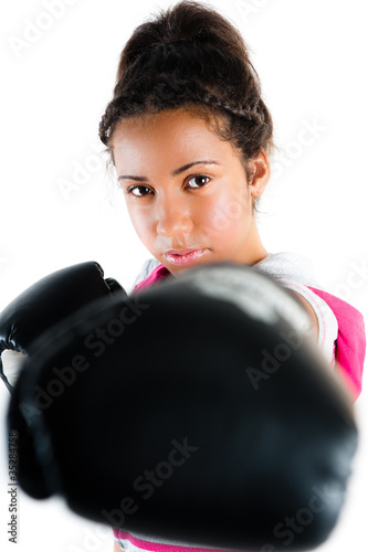 Canvas Print Young beautiful mixed race boxing teenager, punch and jab with e