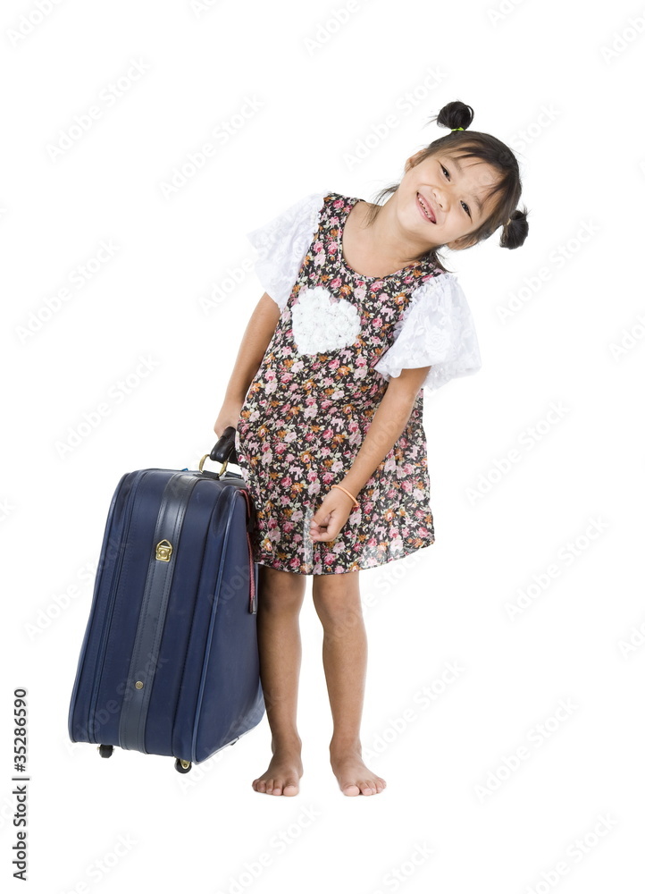 happy Asian girl with heavy luggage happy Asian girl with heavy luggage