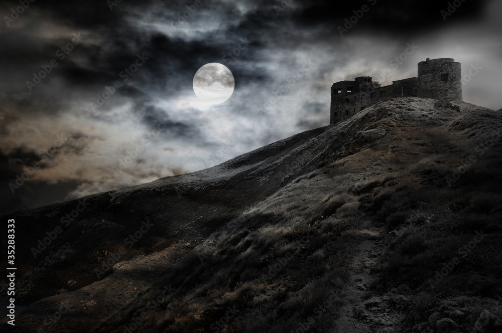 Night, moon and dark fortress