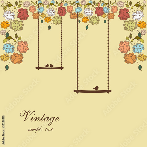 floral background with swings and birds