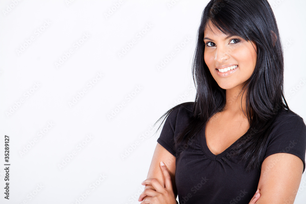 young attractive latin american woman on white with copy space young attractive latin american woman on white with copy space