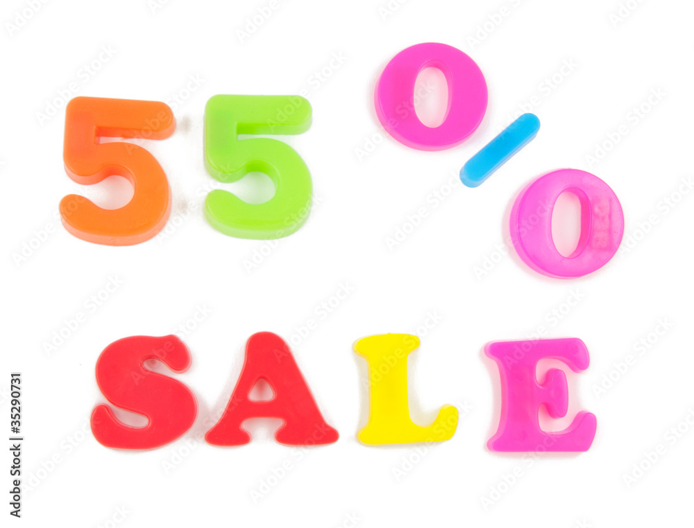 55% sale written in fridge magnets on white 55% sale written in fridge magnets on white