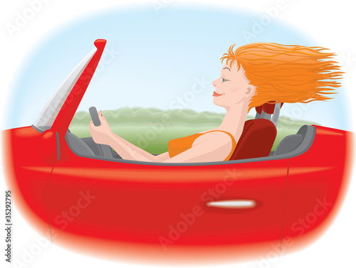 Woman  with red hair driving red car
