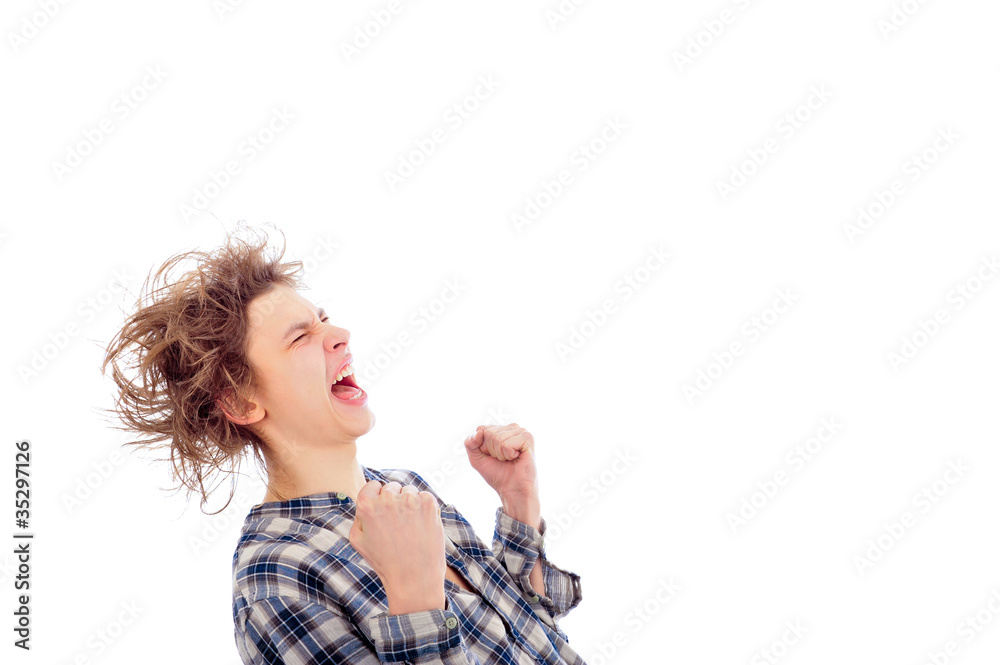 Portrait of funny young man with awesome hairdo isolated on whit Portrait of funny young man with awesome hairdo isolated on whit