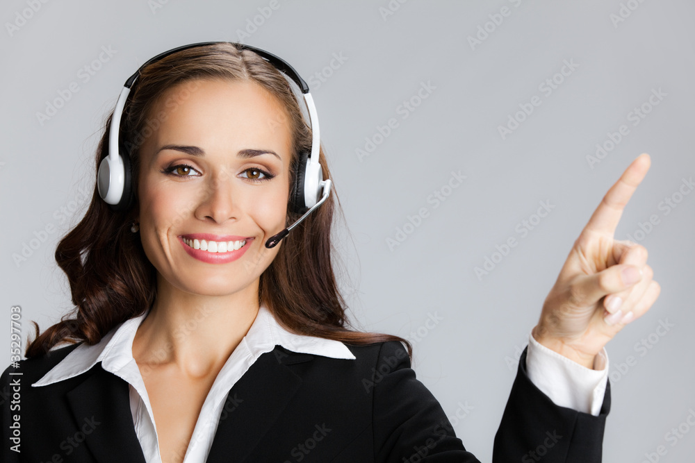 Support phone operator pointing, over grey Support phone operator pointing, over grey