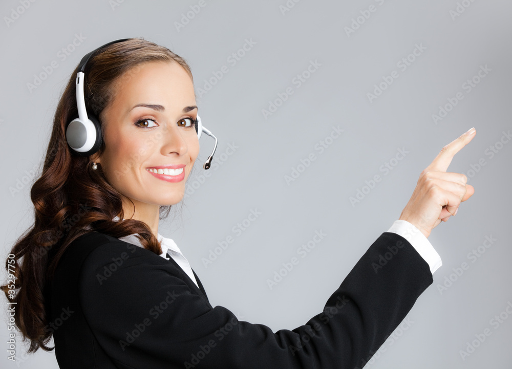 Support phone operator pointing, over grey Support phone operator pointing, over grey