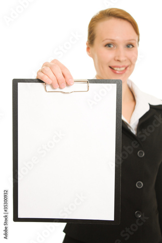 Businesswoman with a white board in his hands.