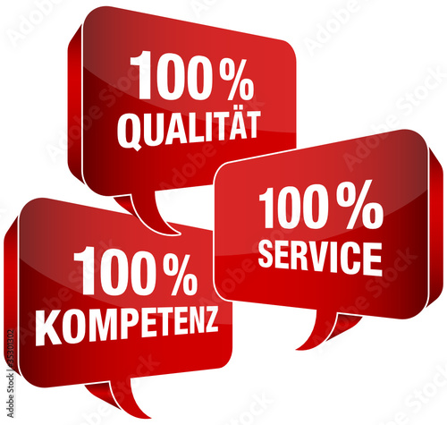 100% Qualität/Service/Kompetenz Sprechblasen rot