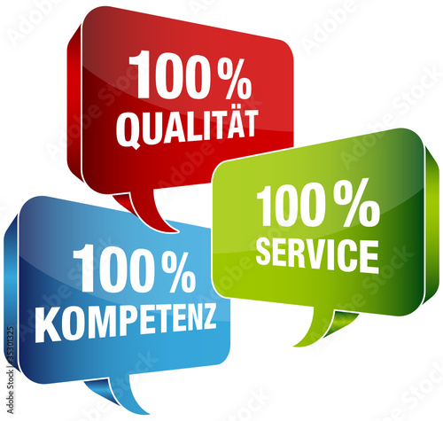 100% Qualität/Service/Kompetenz Sprechblasen blau/rot/grün