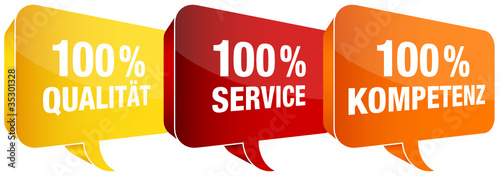 Sprechblasen 100% Qualität/Service/Kompetenz gelb/rot/orange