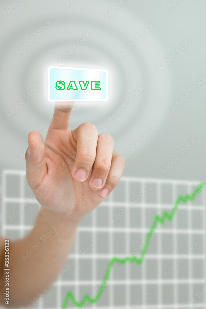 Hand pushing save button Hand pushing save button