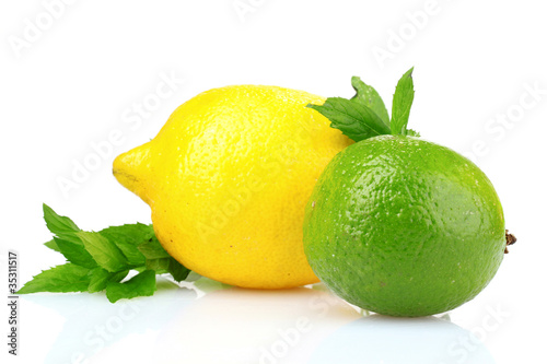 fresh lime  lemon and mint isolated on white