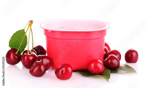 cherry yogurt isolated on white photo