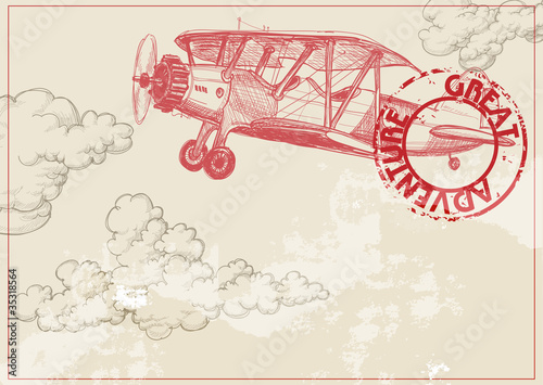 Vintage paper background with plane and clouds