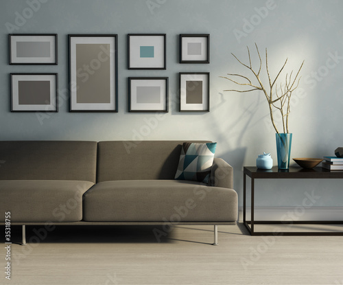 Fototapeta Naklejka Na Ścianę i Meble -  Modern interior, biege sofa, frames and a table