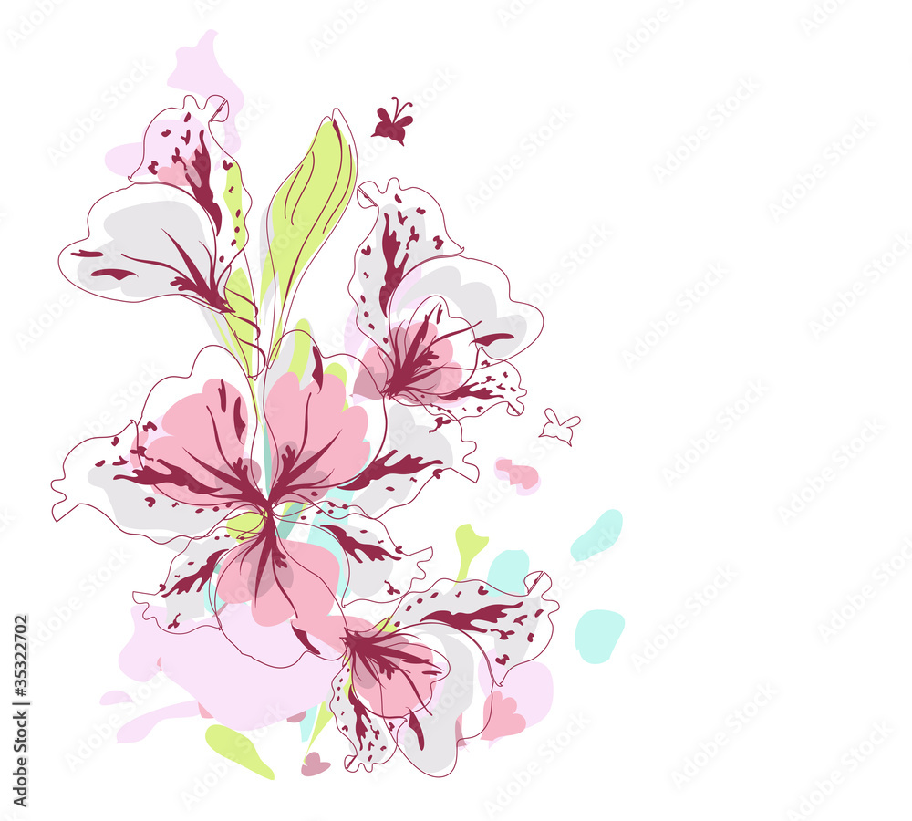 Hand drawn pink flowers with butterflies Hand drawn pink flowers with butterflies
