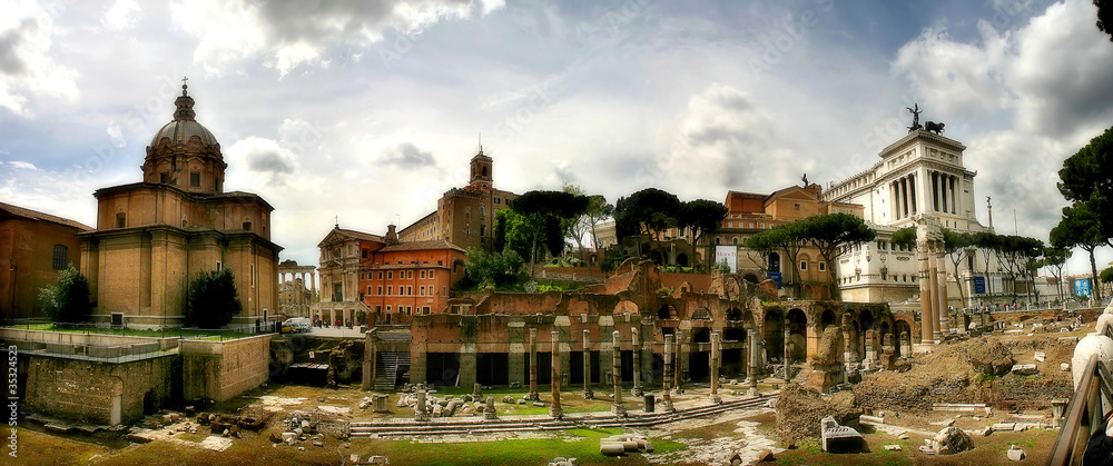 Panoramic view on ancient ruins in Rome, Italy.