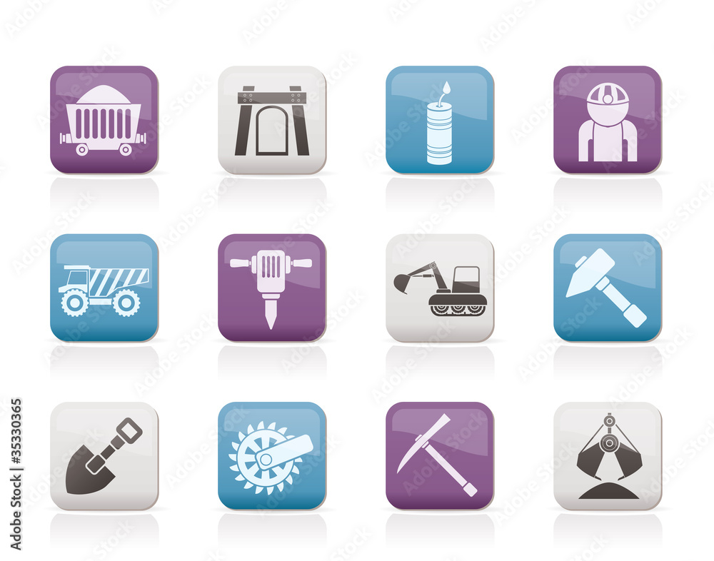 Mining and quarrying industry objects and icons Mining and quarrying industry objects and icons