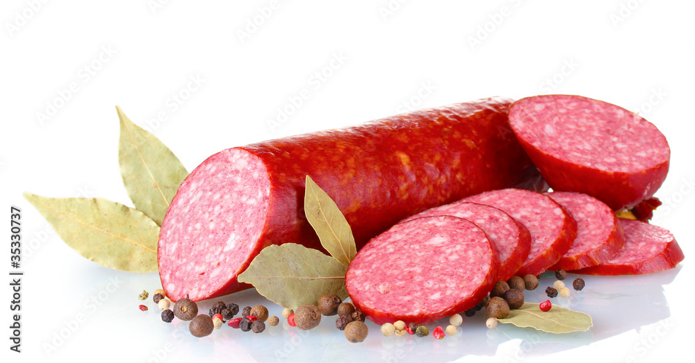 Tasty sausage and spices isolated on white Tasty sausage and spices isolated on white