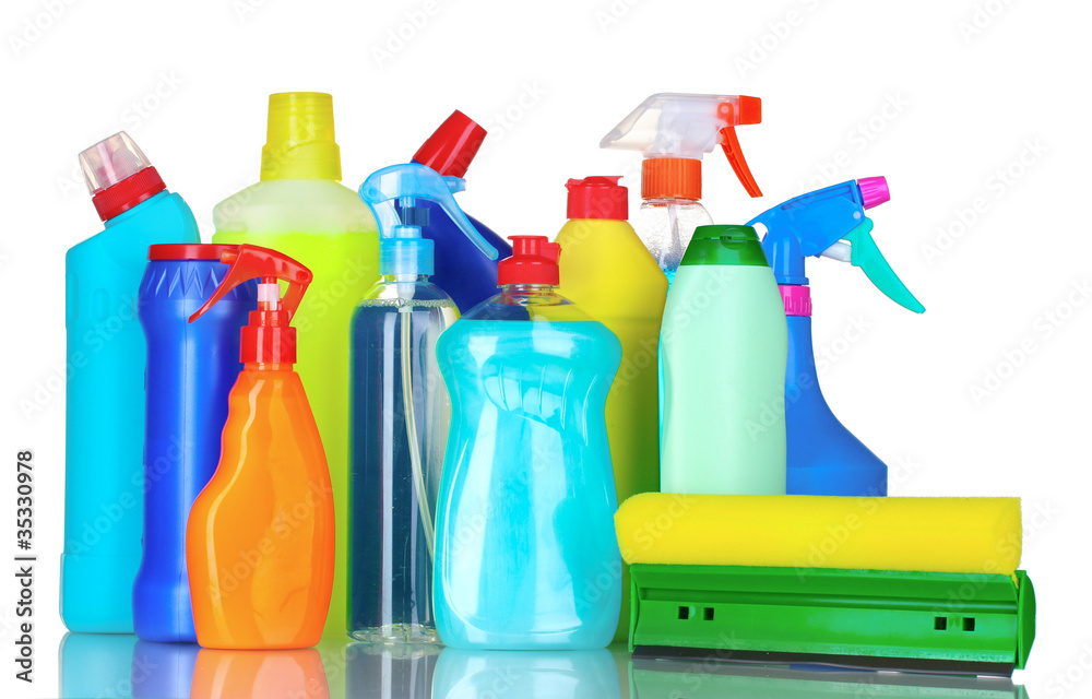detergent bottles and brush isolated on white detergent bottles and brush isolated on white