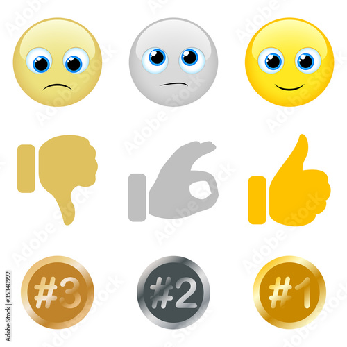 Smiles and trumbs up and down