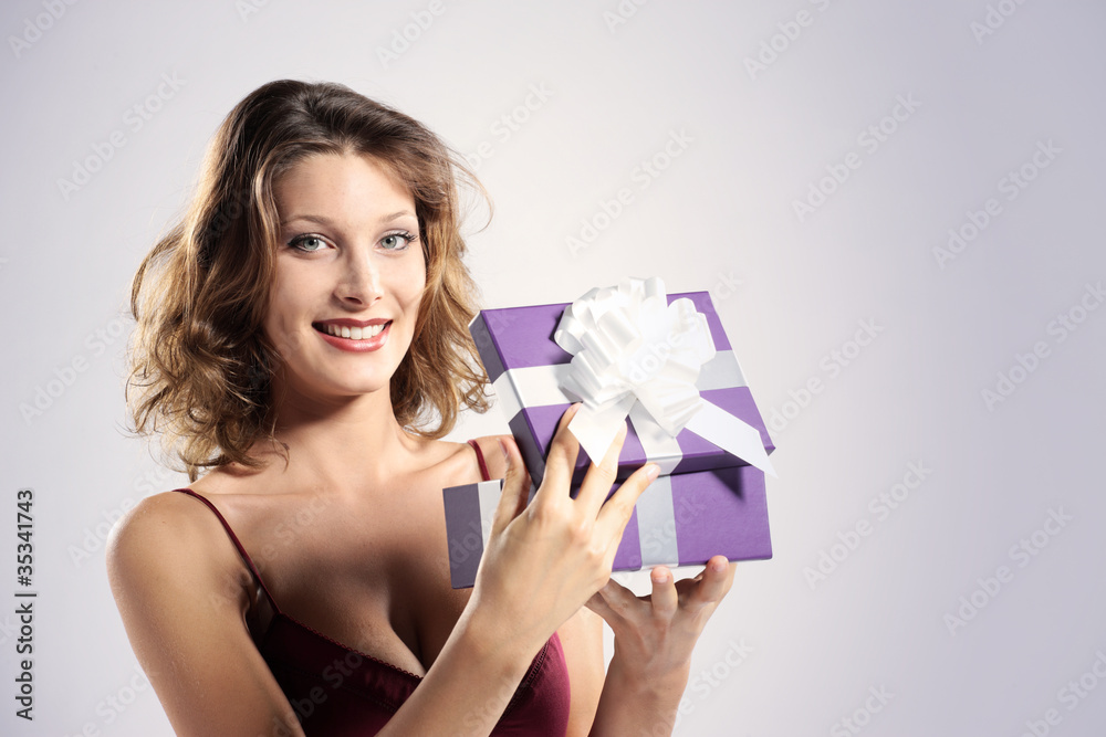 attractive woman open gift box