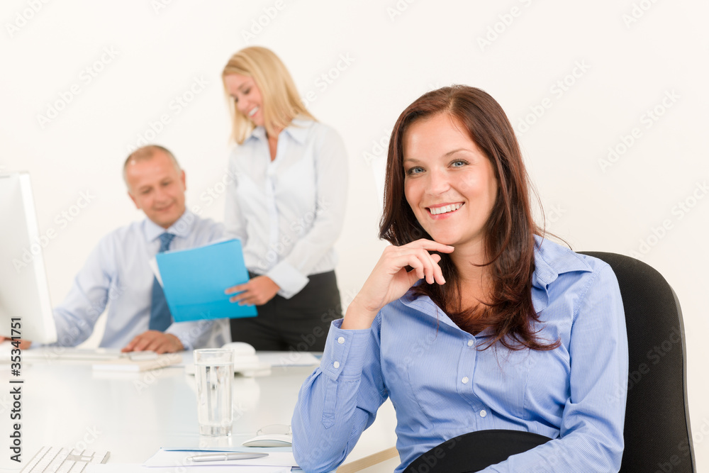 Businesswoman pretty smile sit in office colleague Businesswoman pretty smile sit in office colleague