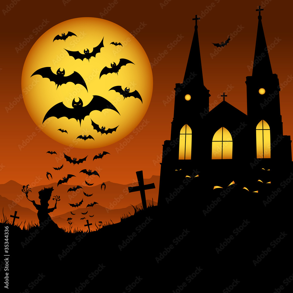 Halloween house, tree, bats on brown background