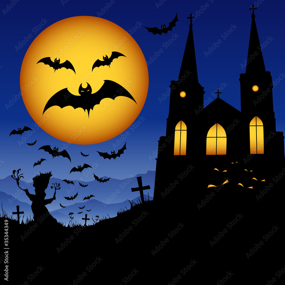 Halloween house, tree demons, bats