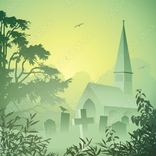 A Misty Landscape with Church and Graveyard